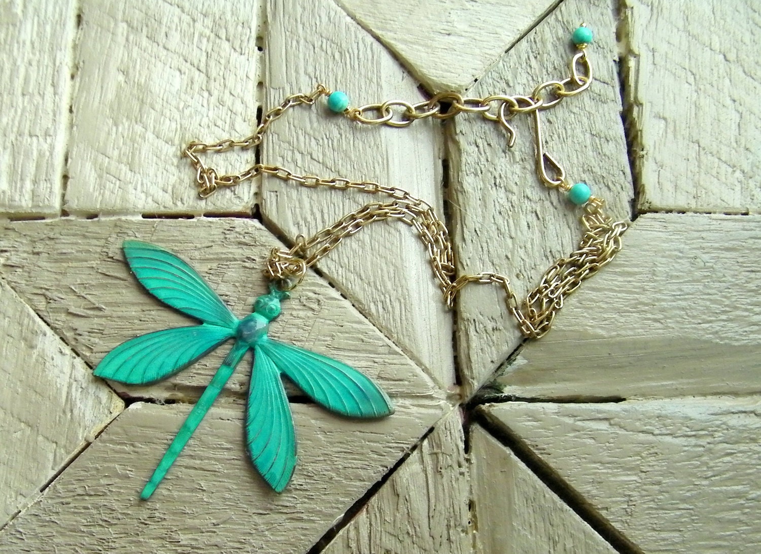 Teal Verdigris Dragonfly Brass Necklace. Shabby Chic.