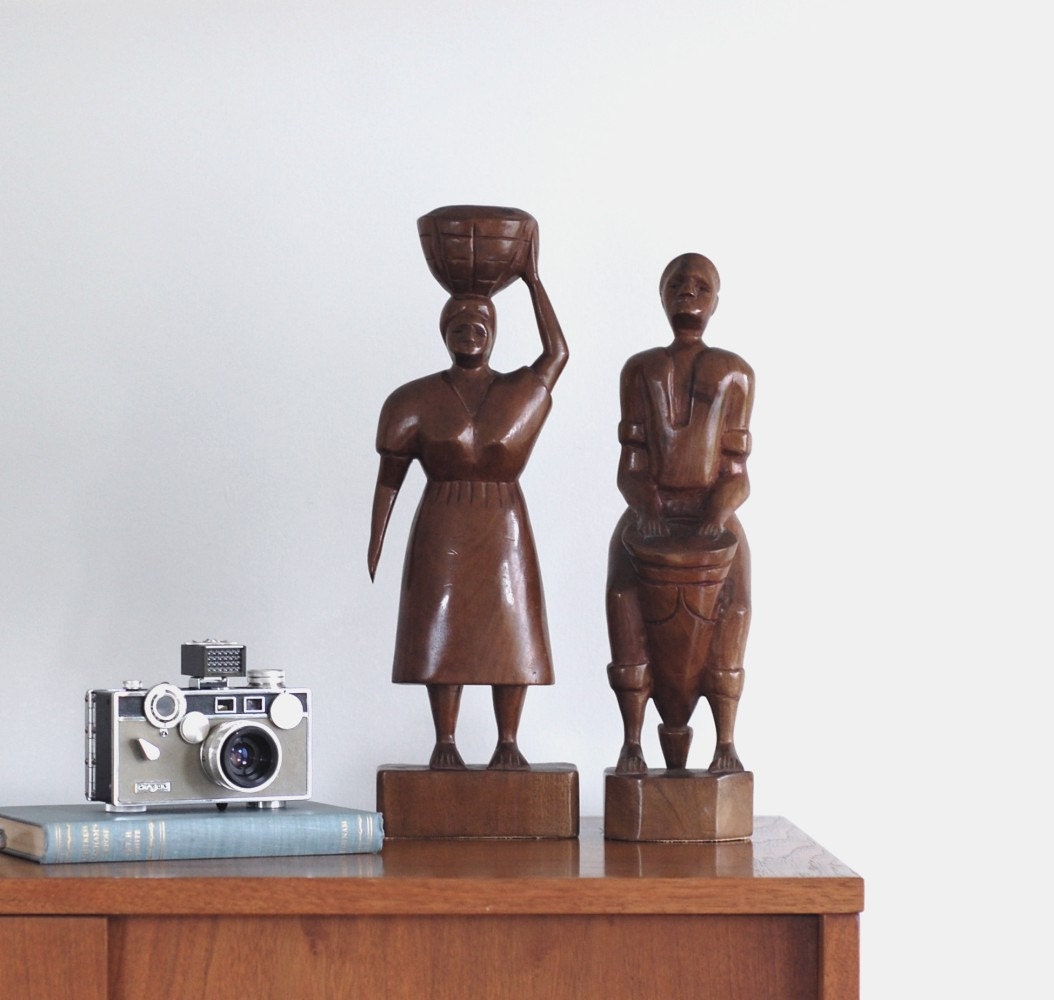 Mid Century Carved Wood Sculptures / African Carvings / Woman with Basket, Man with Drum