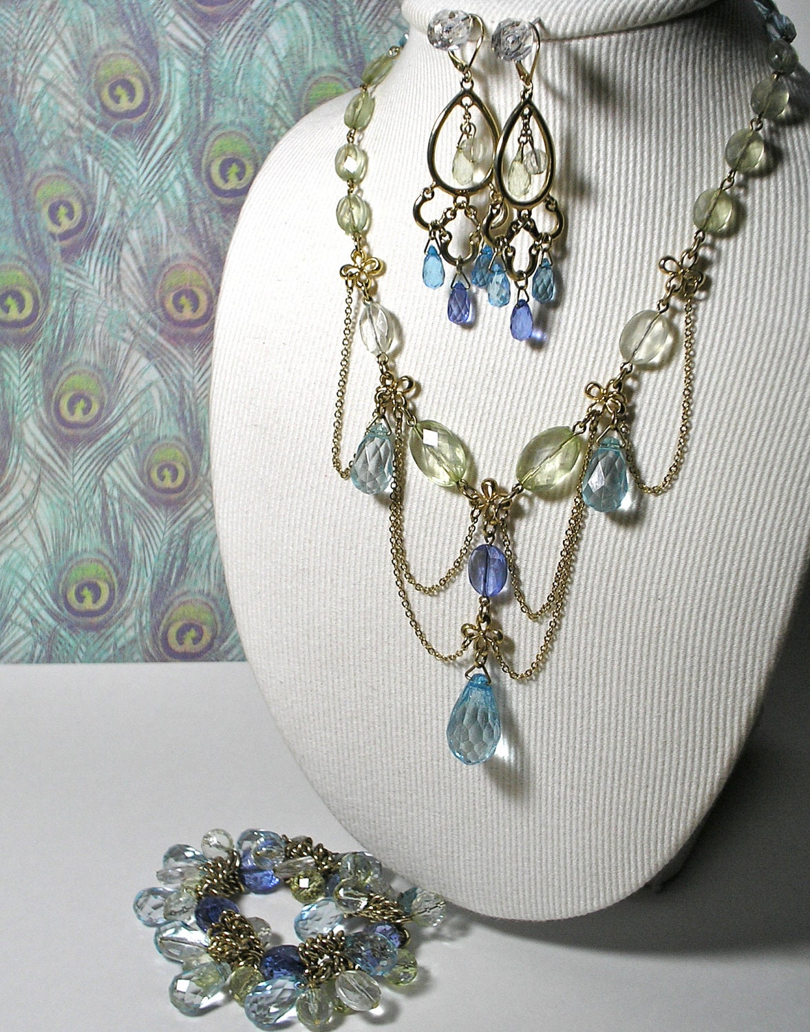 SALE Vintage 3 Piece Jewelry Ensemble in Pale Green, Blue, Clear Crystals