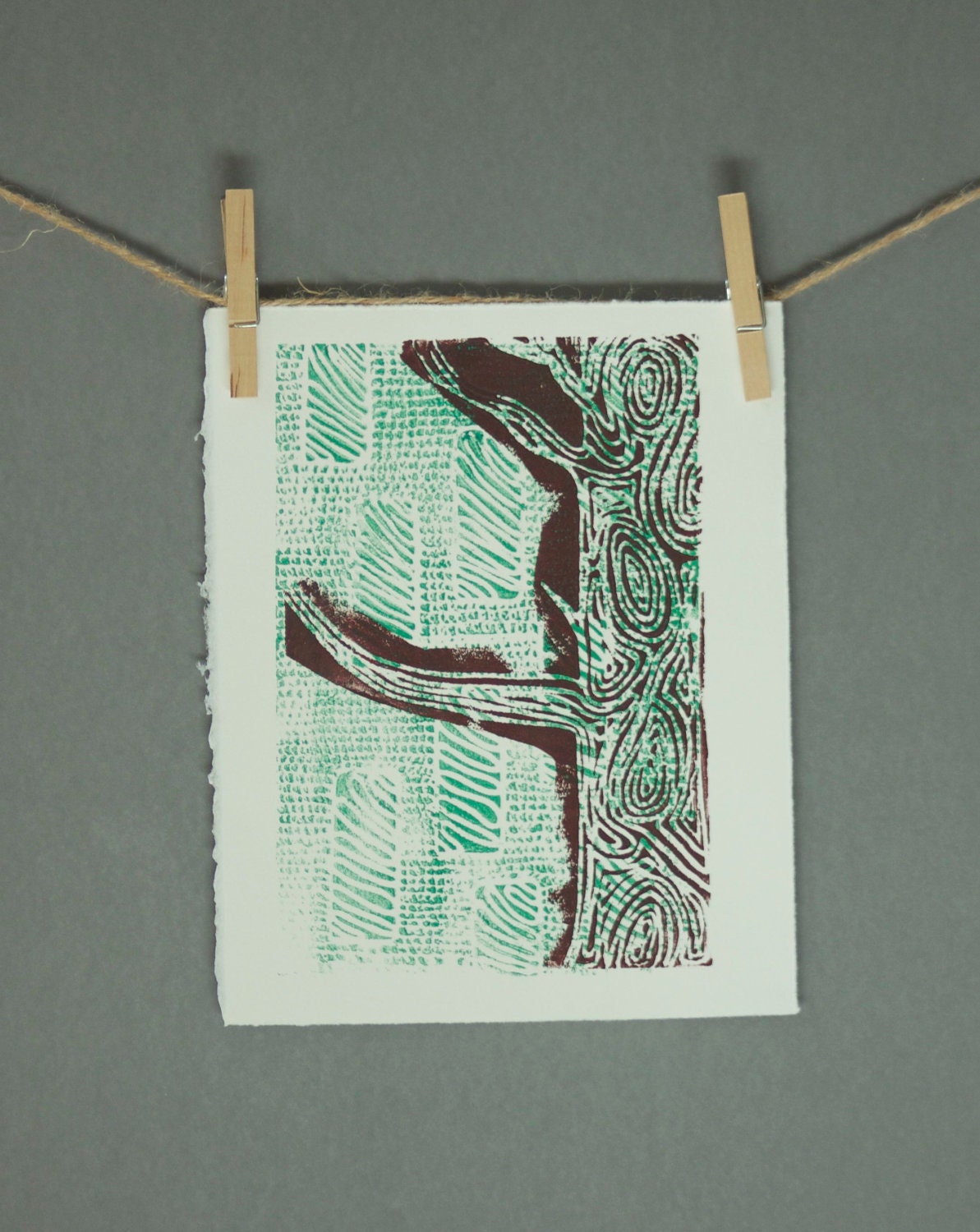 Woodland Tree Linocut POSTER Brown and Green 8x10 Printmaking hand pulled linocut