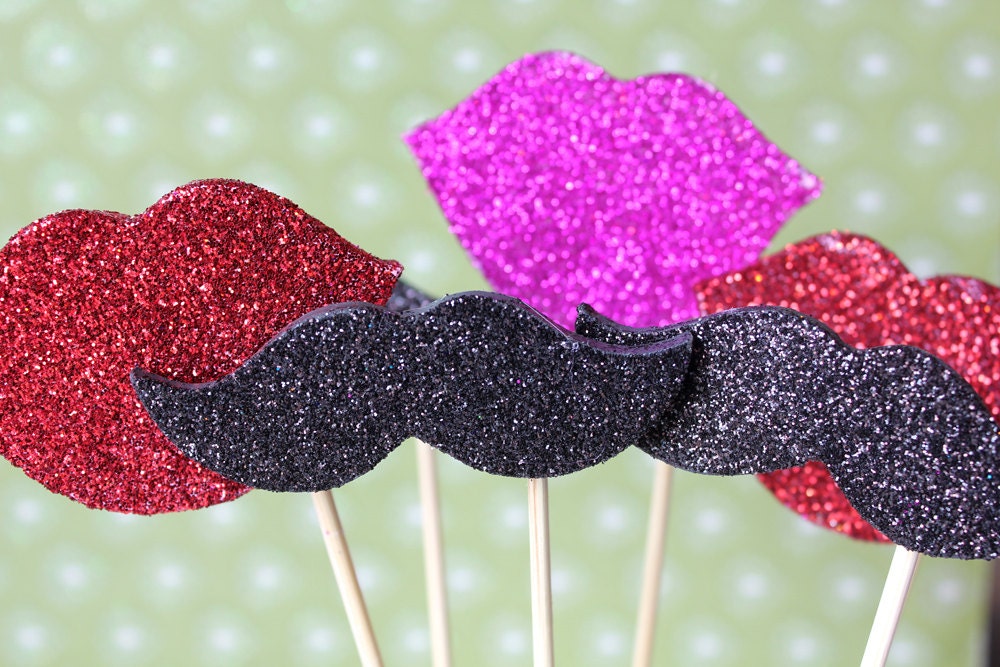 Six WOODEN Glittered Mustaches and Lips on a Stick Photo Booth Props Silver and Black Glitter