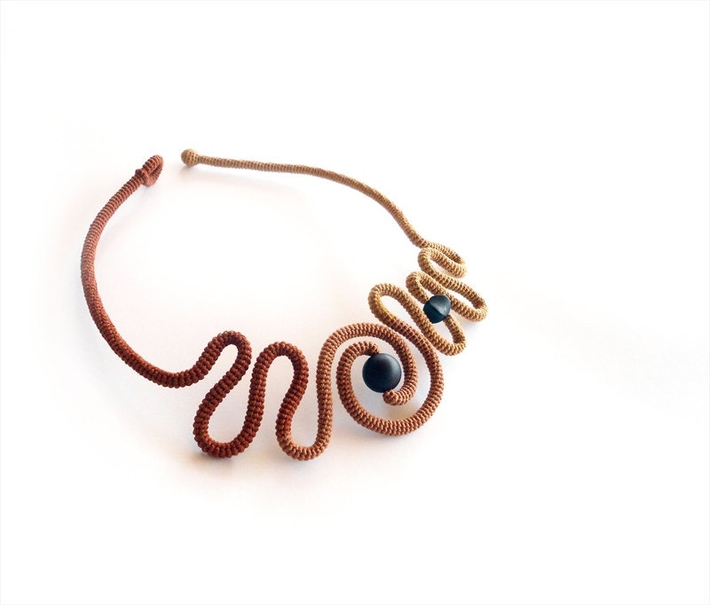 Statement Necklace, aVANT-garde Free Form, Crochet  Slimline, Ombre Shades of Brown