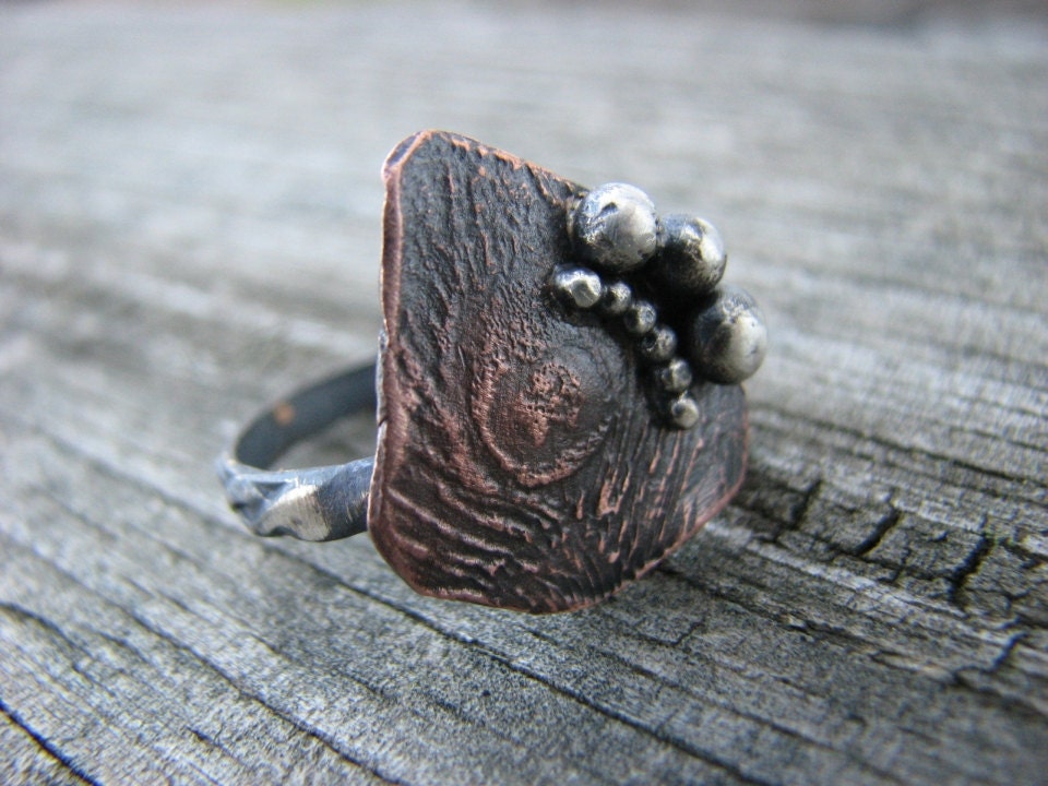 One of a Kind Size 6.5 Mixed Metal Ring Sterling Silver Etched Copper Ring Metalwork Jewelry Peacock Feather