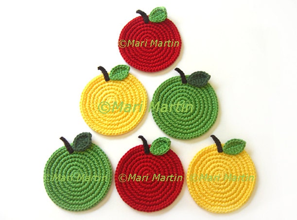 Apple Crochet Coasters Mix . Kitchen Decor Drink Healthy Vegan Decor Crochet Fruit Collection - Set of 6