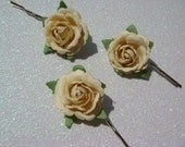3 Petite Vintage CHAMPAGNE IVORY Roses bridal flower pin flower bobby pin / Wedding hair flower / bridal ivory hair flower pin clip