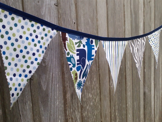 Fabric Bunting Boys Blue, Gray and Green - Modern Animals, Stripes, Dots and Zebra print Il_570xn