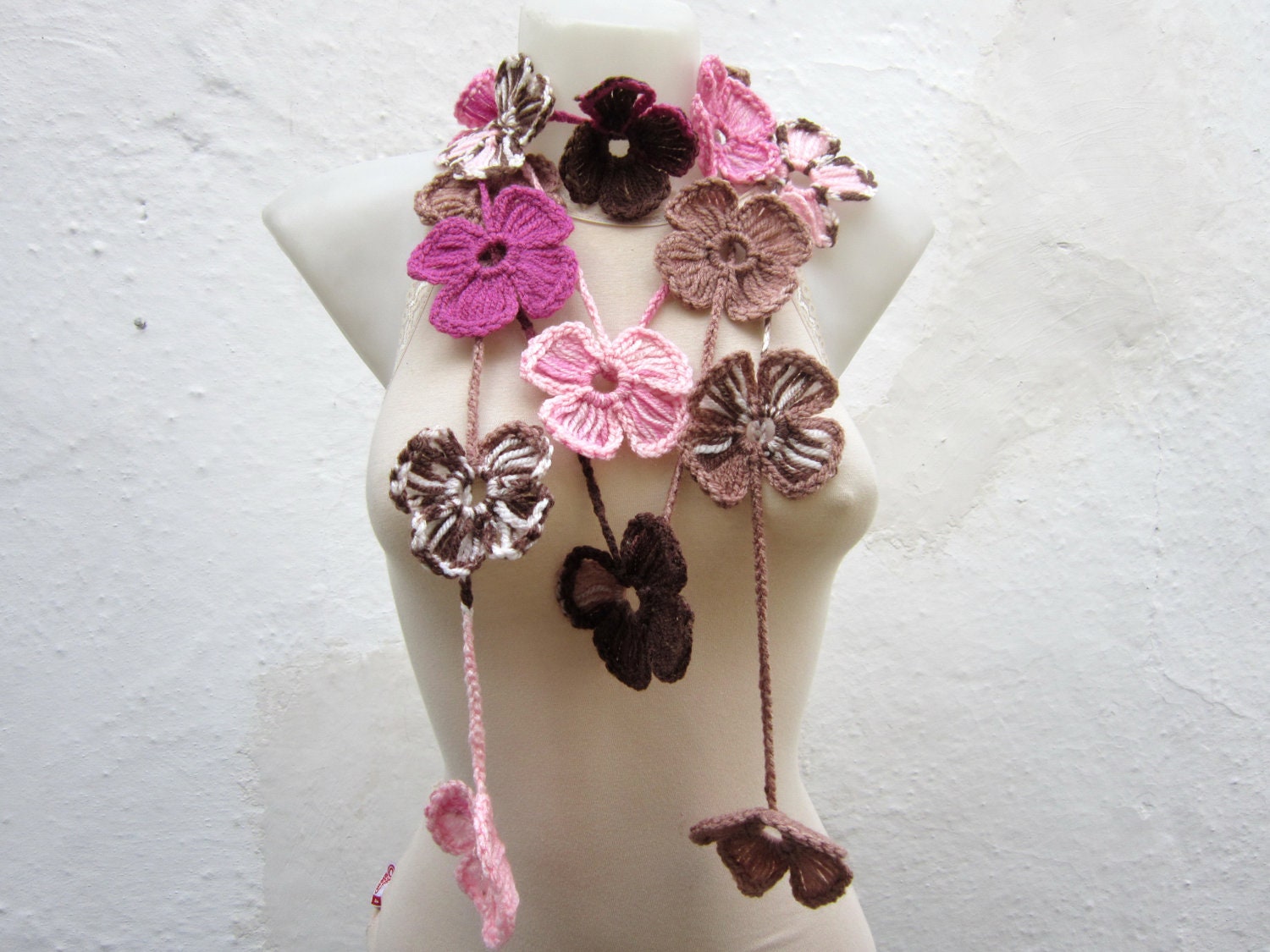 Hand crochet Lariat Scarf  Brown Pink Cream  Flower Lariat Scarf Colorful Variegated Long Necklace  winter fashion