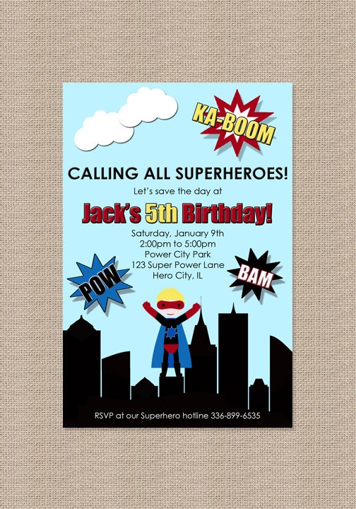 Boy Superhero Birthday Party Invitations