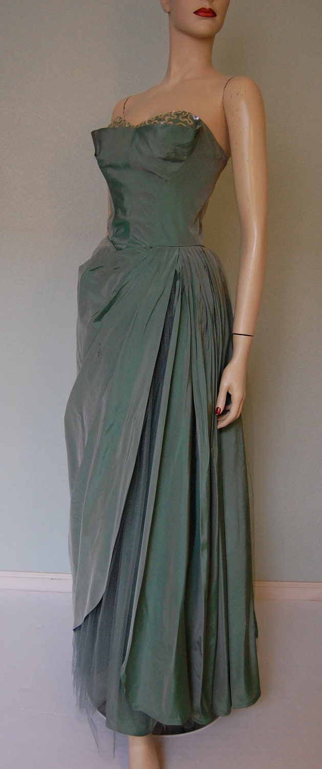 1950s Perlberg Sculptural Taffeta Evening Gown with Sequins and Tulle - Sea Green - Formal