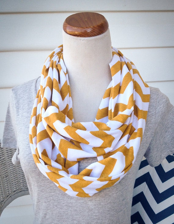 Mustard and White Chevron Jersey Knit Infinity Scarf