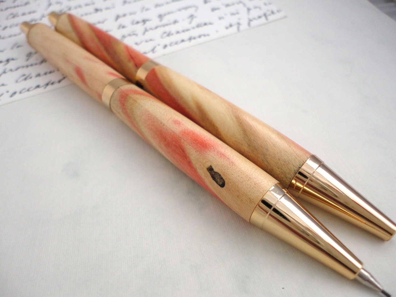 Wooden Pen and Pencil Set in Turned Boxelder with Red Hot Flame Pattern - awesome gift