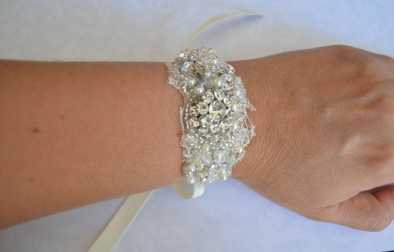 Couture Bracelet cuff,Lace,Statement Bracelet, Bridal cuff,Swarovski crystals,rhinestones,pearls,beaded,ribbon tie, C006