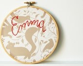 Made to Order. Custom Embroidered Baby Name. With Woodland Print Fabric. Embroidery Hoop Wall Hanging Sign. By Merriweather Council