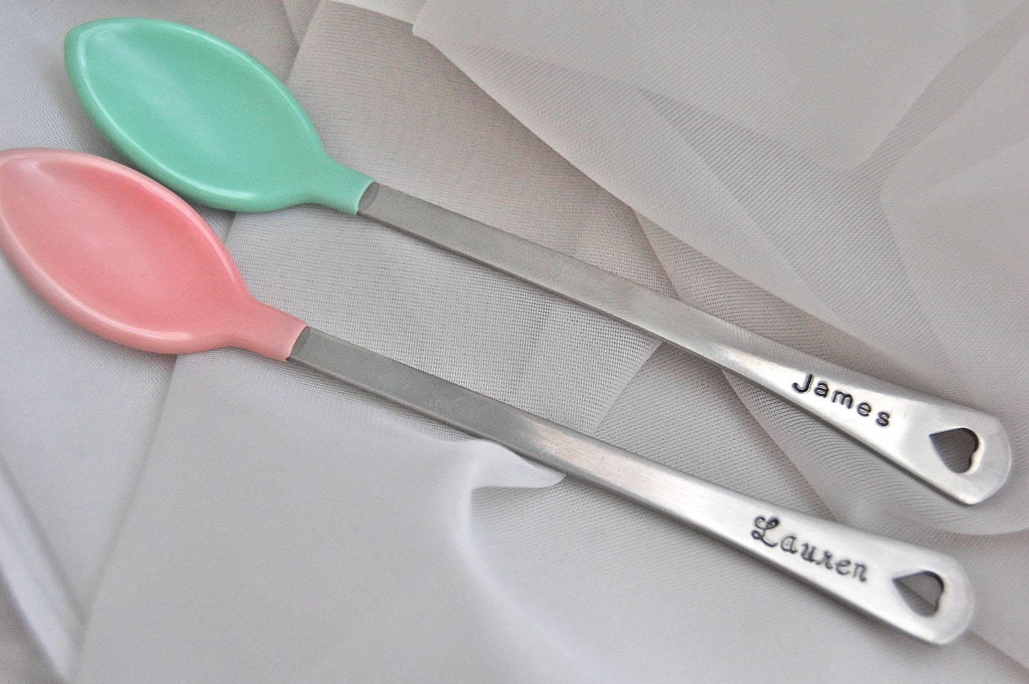 Two new baby spoons, personalized, colored tip, stainless steel spoon, hand stamped