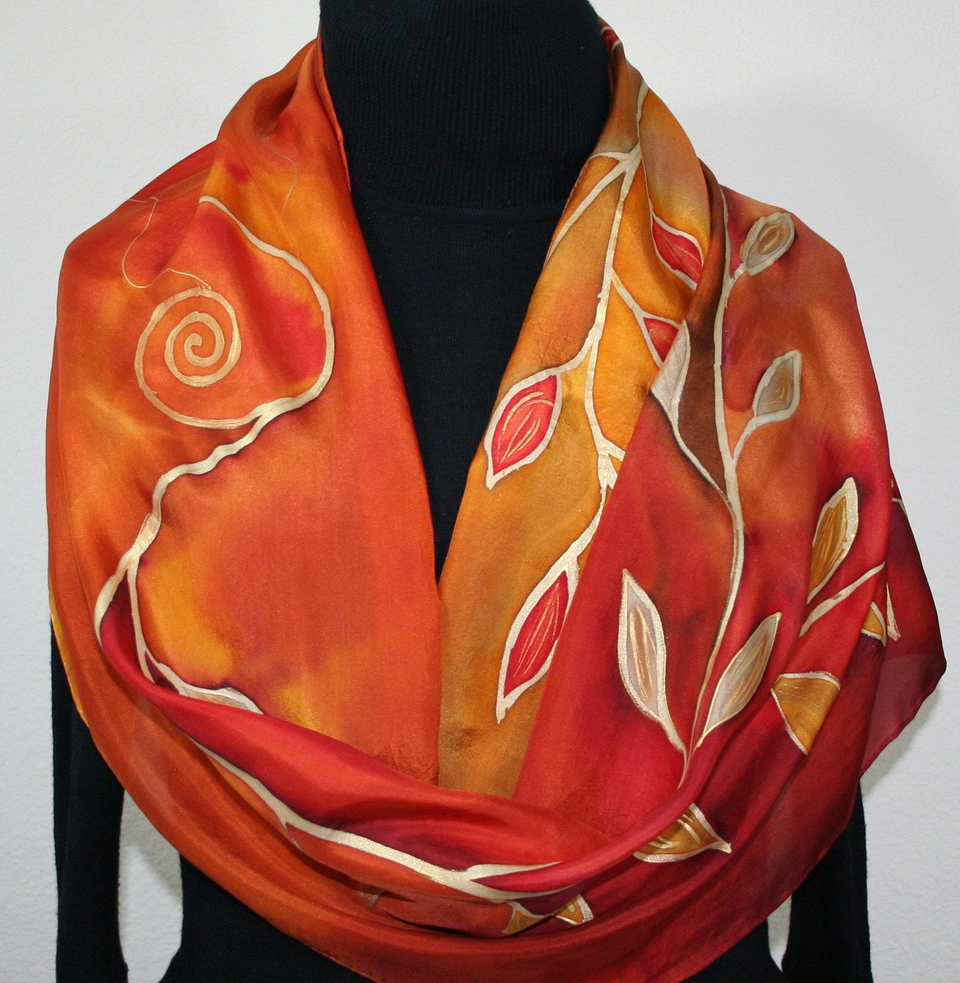 Hand Painted Silk Scarf Autumn Gold. Silk Scarf in Orange, Yellow, Terracotta, Rust. Size Large 14x70. 100% silk. MADE TO ORDER.