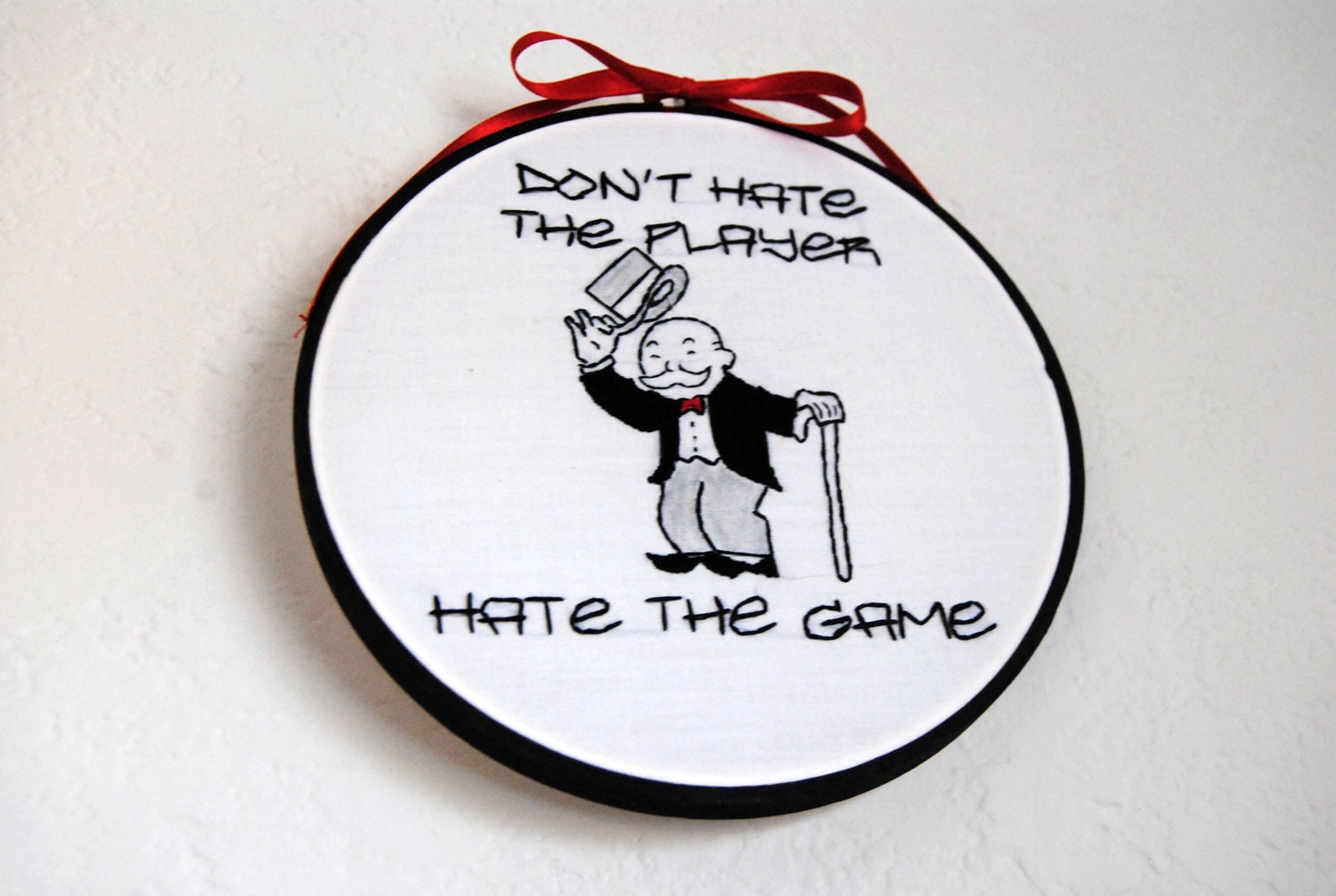 Don't hate the player Hate the game - hand-stitched Monopoly Uncle Pennybags embroidery