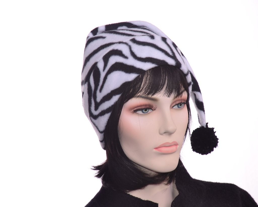 Zebra Hat Long Beanie Tail Hat Fleece Stocking Cap Pom Pom Womens Hat Adult Hat