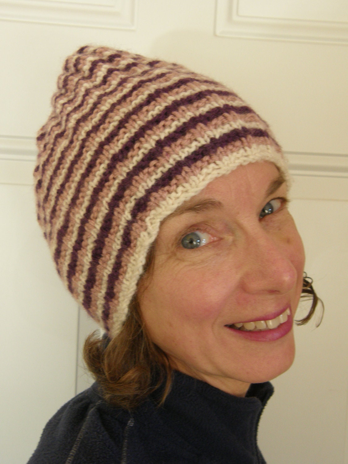 Womens Knit Beanie - Pink Cream and Purple