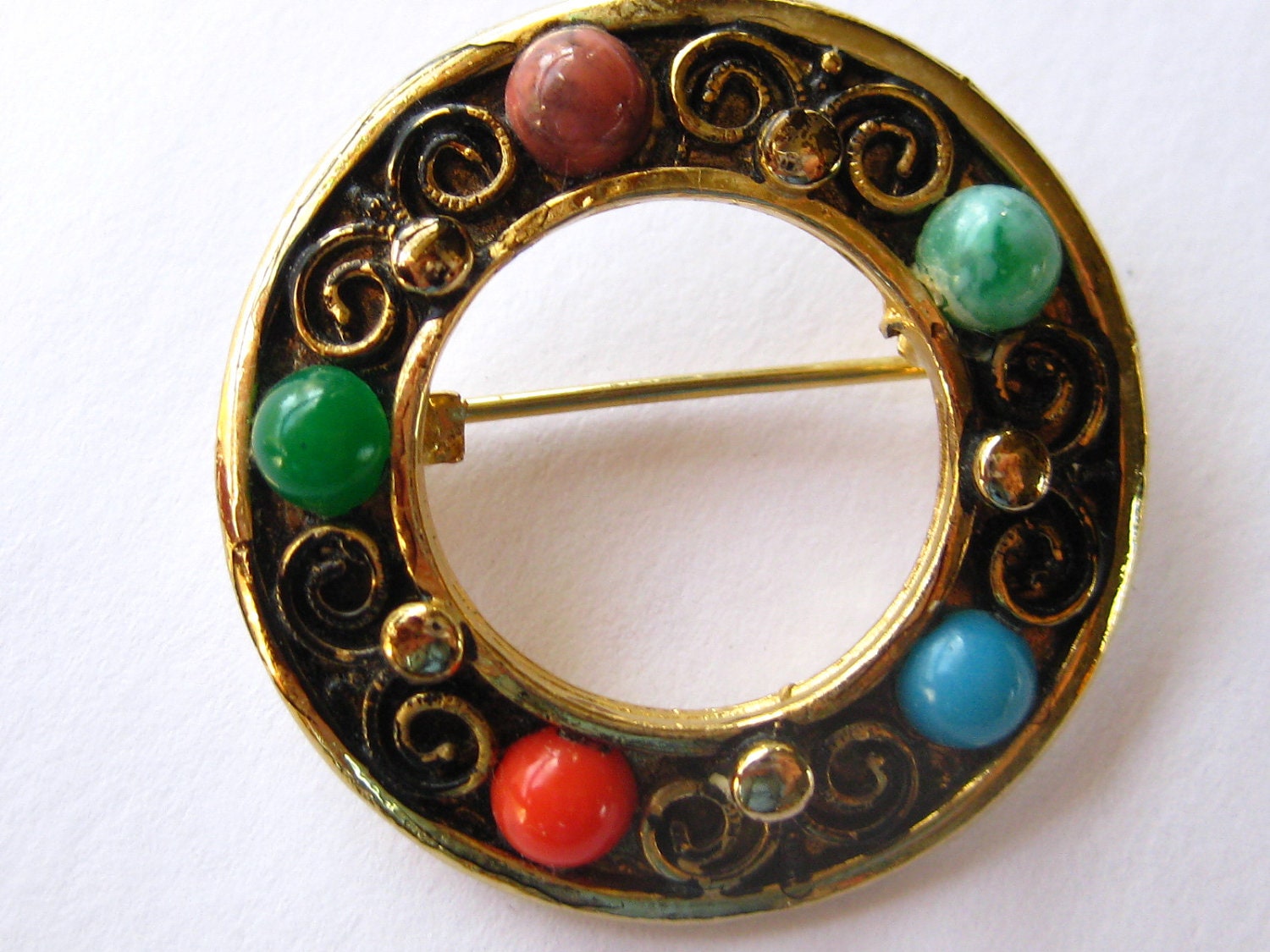 Vintage Antique Gold Tone and Multi-Cabochon Brooch and Earrings Rhinestones