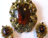 Sale  Vintage Large Weiss Faux  Tortoise  Brooch/Pendant and Earrings  Amber Cabochons, Rhinestones, Enamel