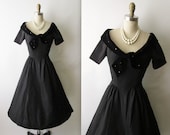 50's Cocktail Dress // Vintage 1950's Black Taffeta Rhinestone Velvet Full Cocktail Party Dress XS