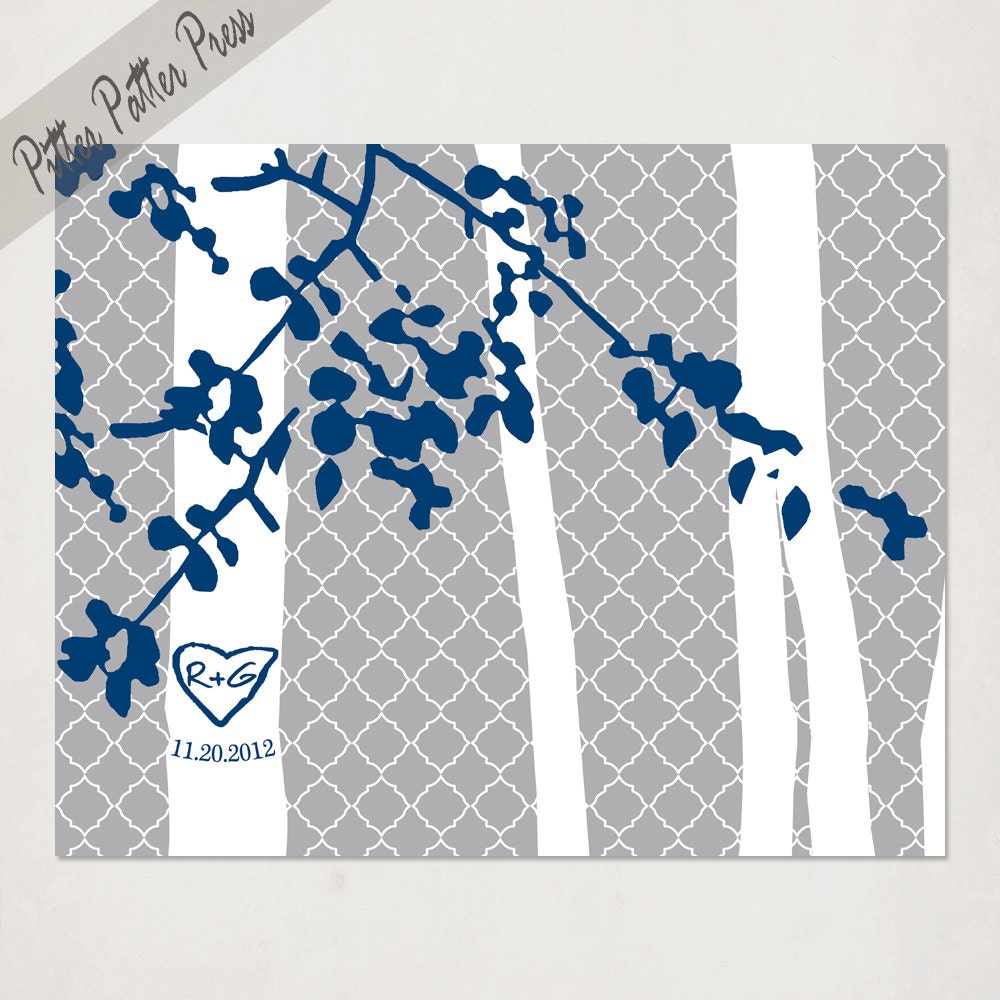 Personalized Wedding Anniversary Tree with your initials // Wall Art Print // grey and navy or pick your own colors // 8X10