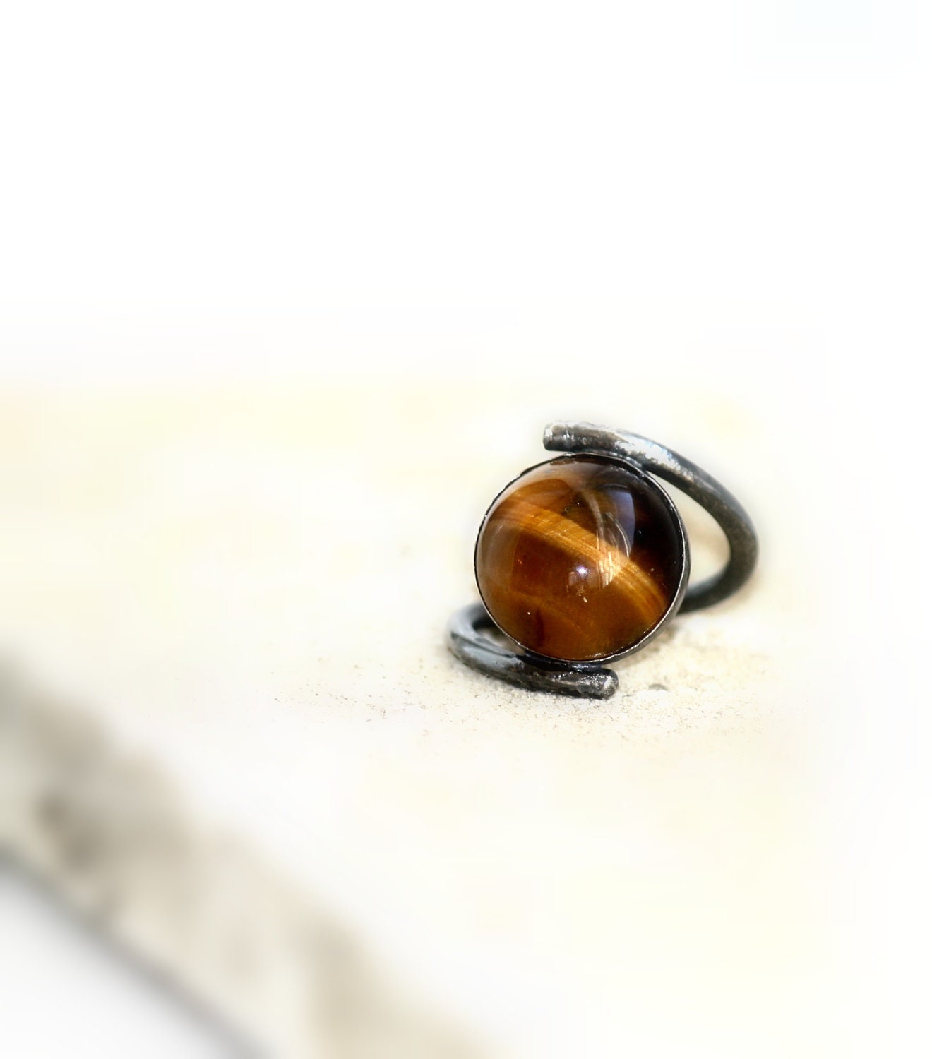 Tigers Eye Sterling Silver Rustic Band, Oxidized Curved Stylish Unique Bold Ring