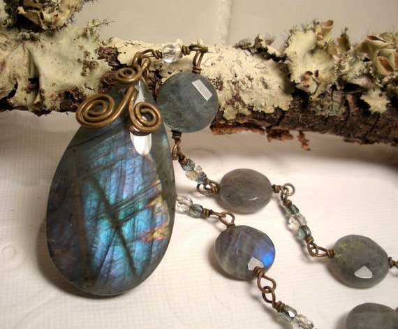 Blue Flash Wire Wrapped Labradorite Pendant and Coin Beaded Necklace with Antique Brass