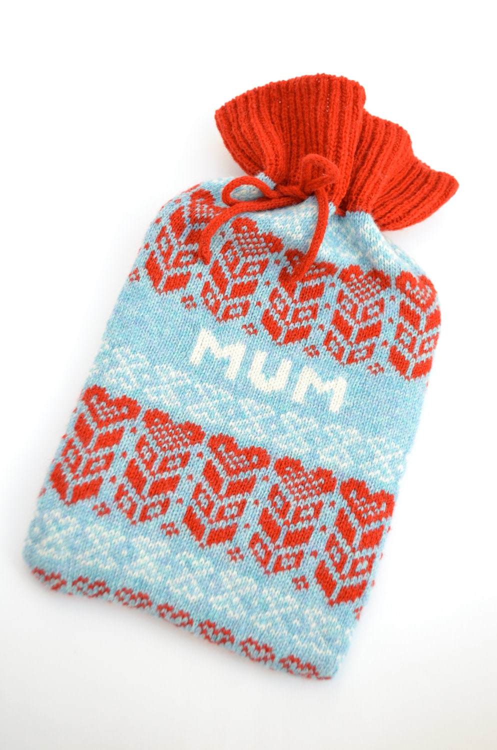 Personalized Blue Fairisle Heart Knitted Hot Bottle cosy cozy