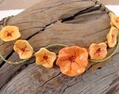 Handmade Jewelry Necklace Orange Red Stylized Flowers