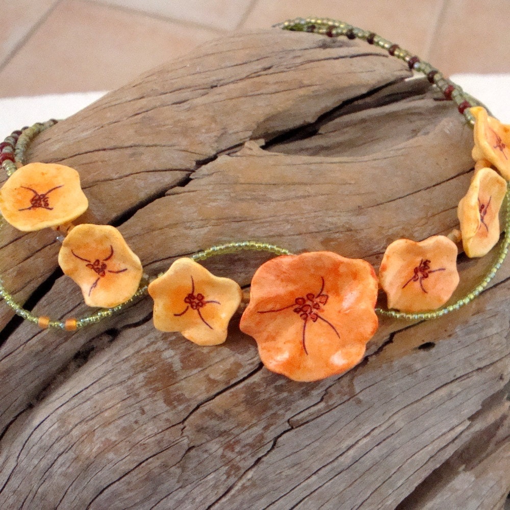 Handmade Jewelry Necklace Orange Red Stylized Flowers