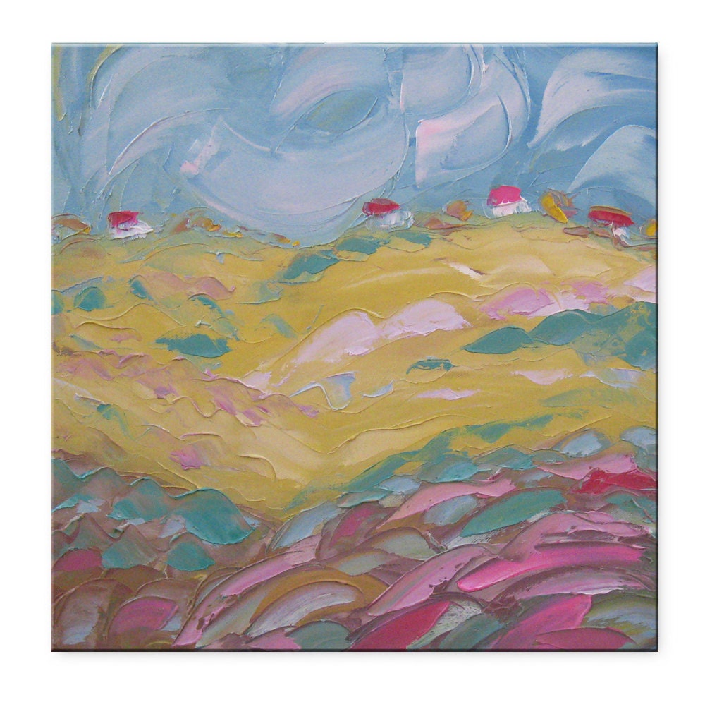 The yellow hill  -  FREE SHIPPING - Original Oil Painting - by SOLOMOON - gallery fine art 16x16 impasto square