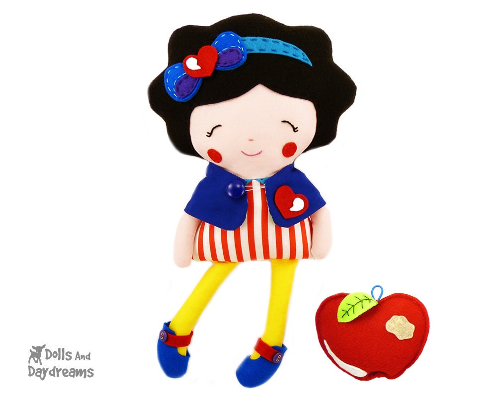 Snow White Sewing Pattern PDF Princess Doll Tutorial DIY - reversible Capelet, shoes and felt apple patterns included - DollsAndDaydreams
