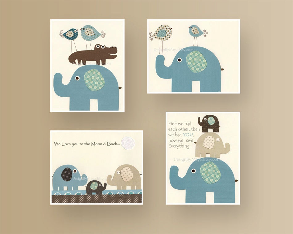 Baby Room Decor, Nursery Room Decor, Baby Elephant Nursery Room // Set of 4 8x10 Prints // Blue, Brown, Teal, Cream // Lamb & Ivy Bedding