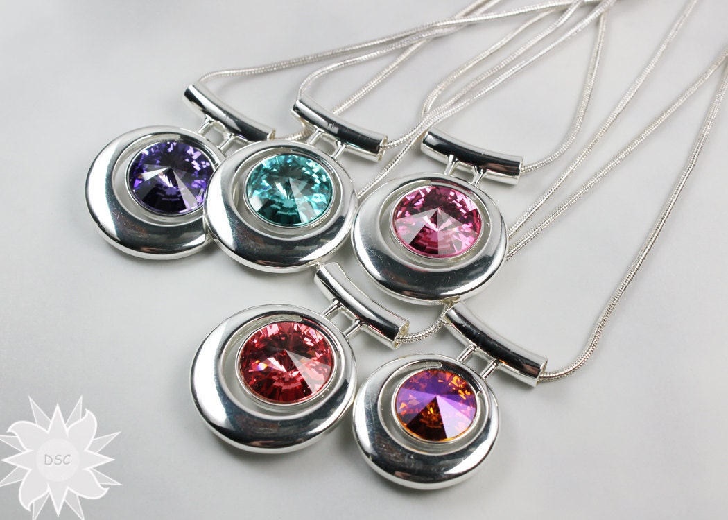 Crystal Rivoli Stone Pendant Silver Snake Chain Necklace Your Color Choice