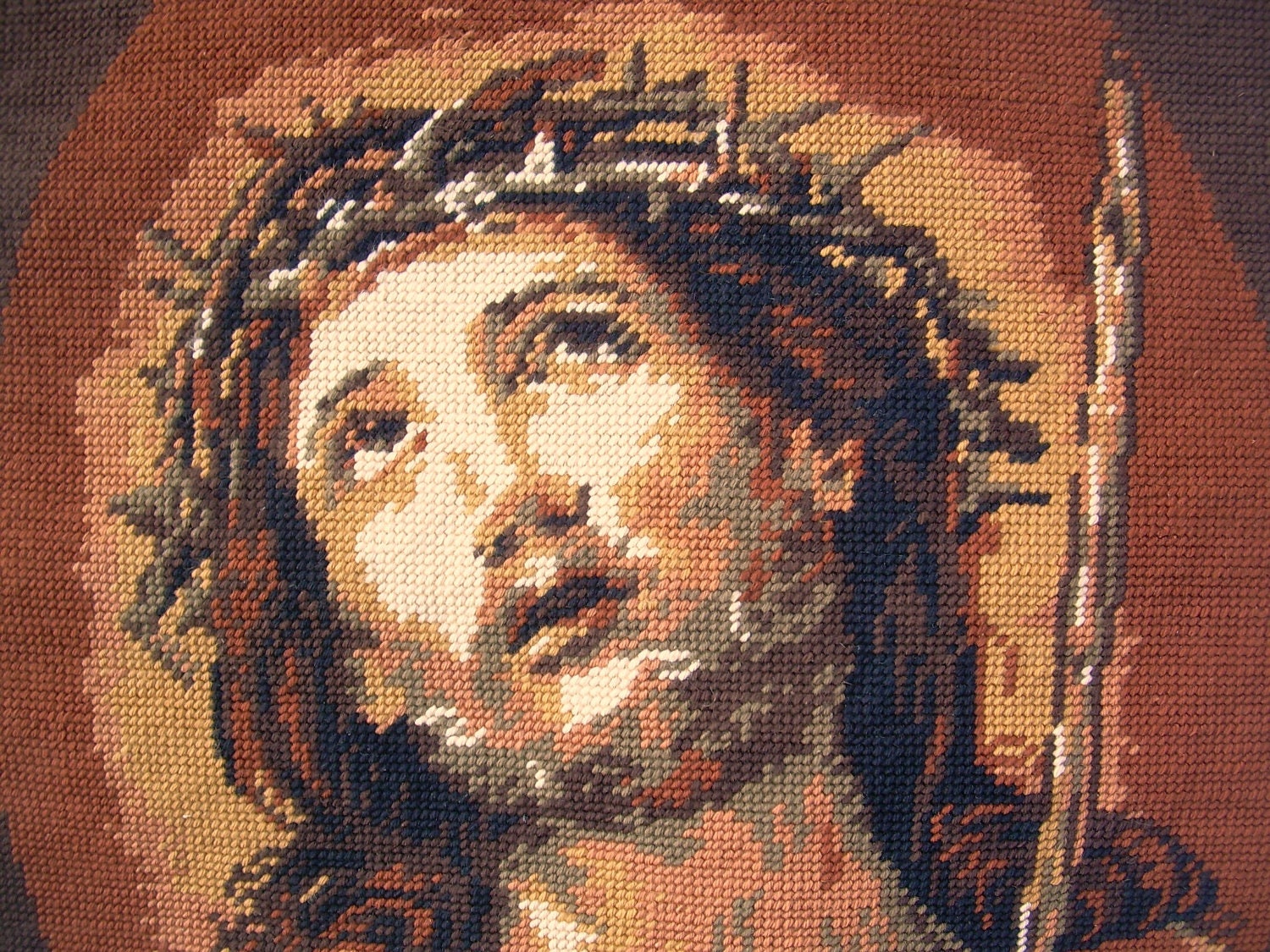 jesus christ vintage needlepoint tapestry wall hanging, ecce homo, thorns krown,embroidered 16.century painting