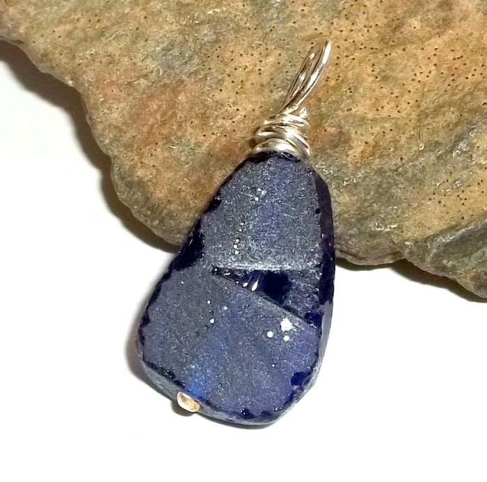 Ancient Roman Glass Cobalt Blue Pendant  Wire Wrapped Sterling earthegy