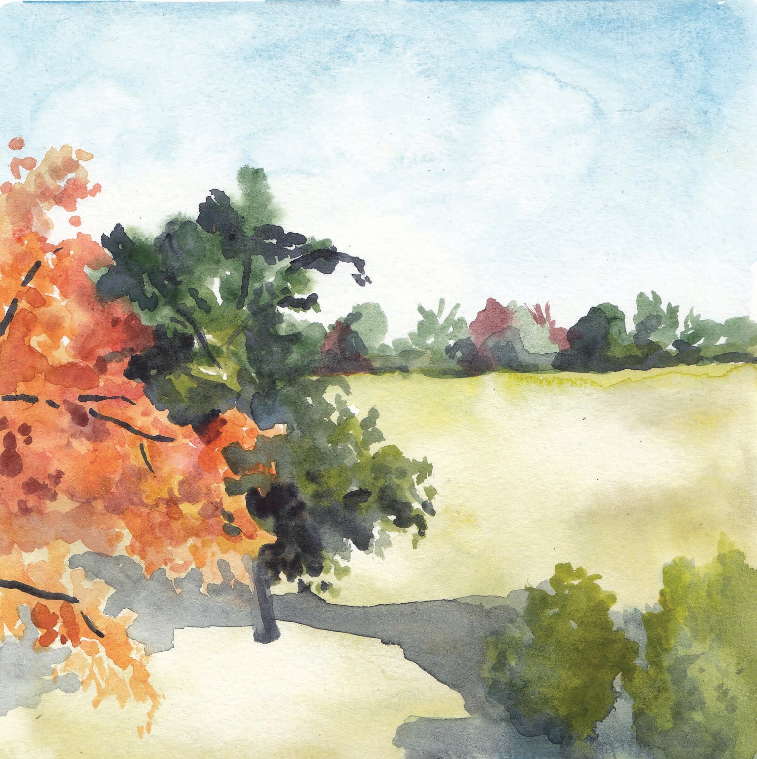 Reproduction Trees Fall Watercolor Painting Landscape
