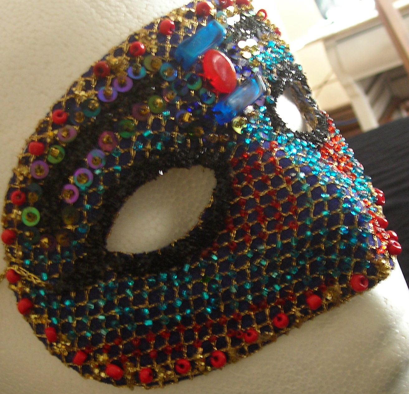 Boldly Beaded Gold Mesh Covered Navy Blue Mask