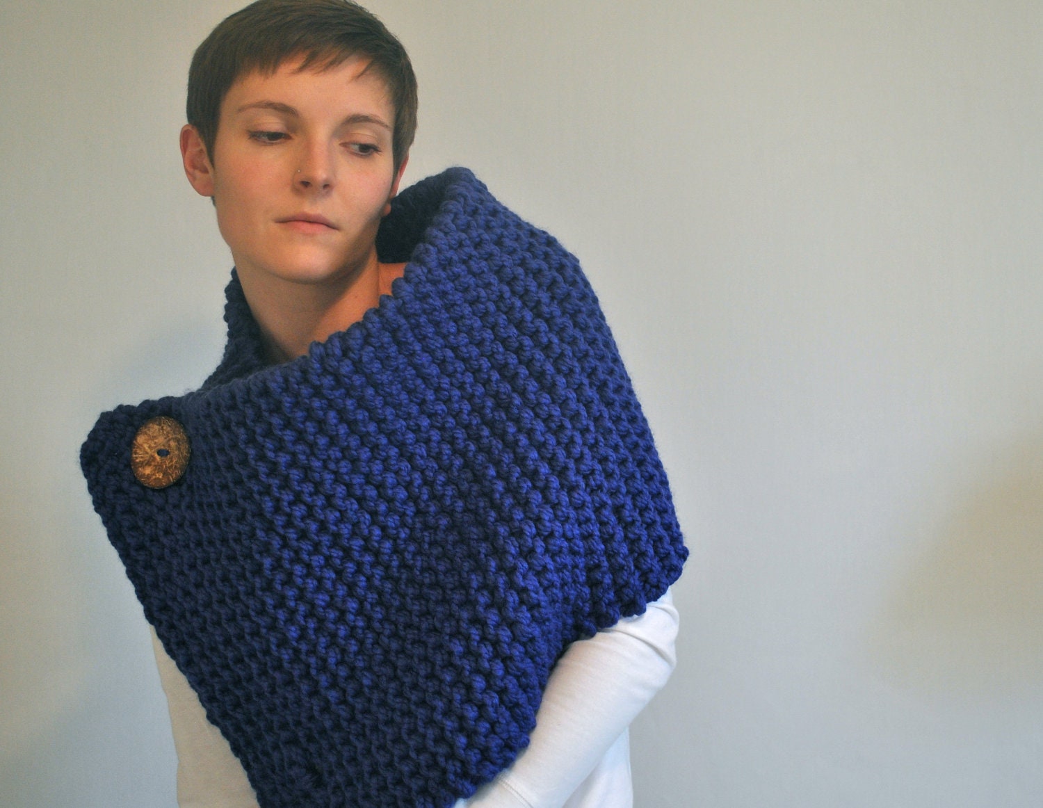 chunky oversize cowl shawl capelet with natural coconut buttons - the anouk - cobalt