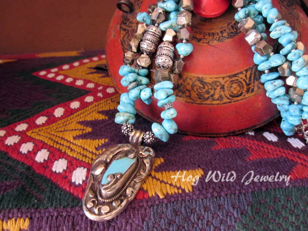 Multi Strand Turquoise Pyrite Tibetan Pendant Sterling Silver Necklace