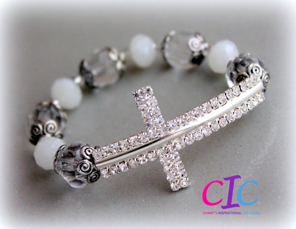 Clear and White Sideways Cross Bracelet
