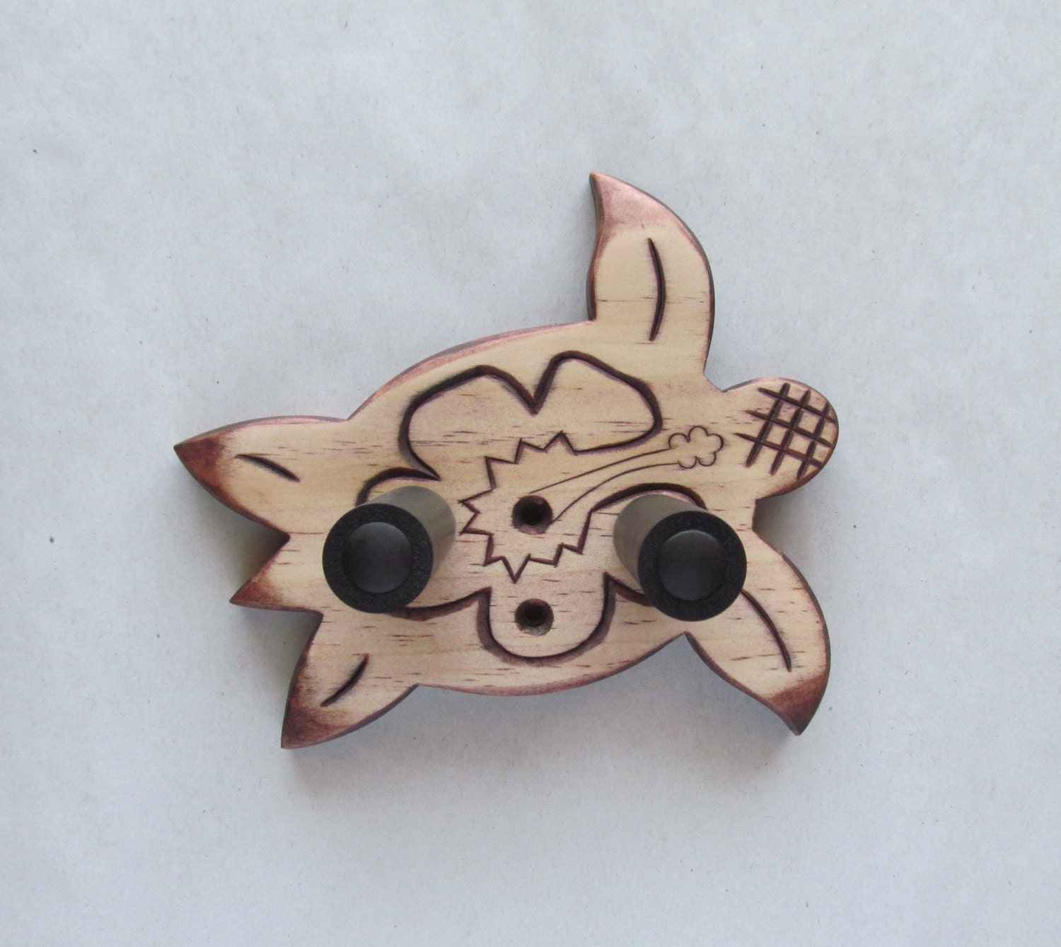 Ukulele wall mount hanger, hand carved honu / hibiscus, red mahogany stain