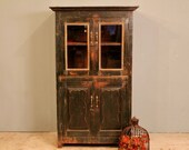 CLEARANCE Item Distressed Green Glass Kitchen Dinning Storage Display Cabinet