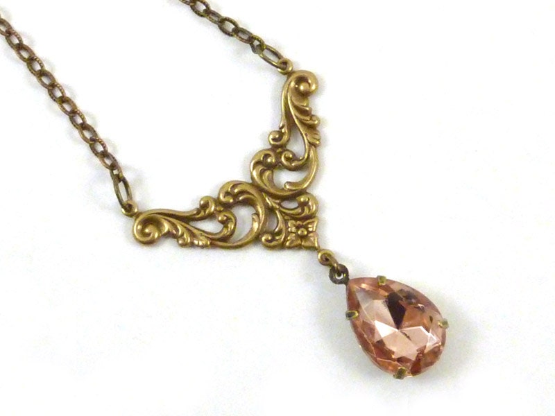 Romantic Necklace Vintage Style Peach Pink Champagne Glass Teardrop Brass Filigree Wedding Bridal Victorian
