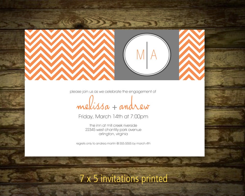 Modern Bridal Shower Invitation Cocktail Party Contemporary Chevron Tangerine Orange and Charcoal