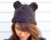 Knit Bear Ear Beanie In Brown Tweed