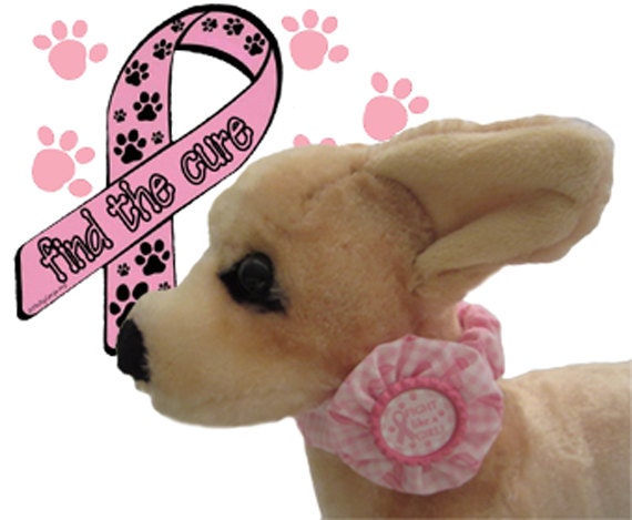 Girl Dog Collar 'Fight like a Girl' - Checked Pink Ribbon Awareness Fabric on Soft, Stretchable Elastic w/YoYo & Bottlecap Accent - XS,S,M,L