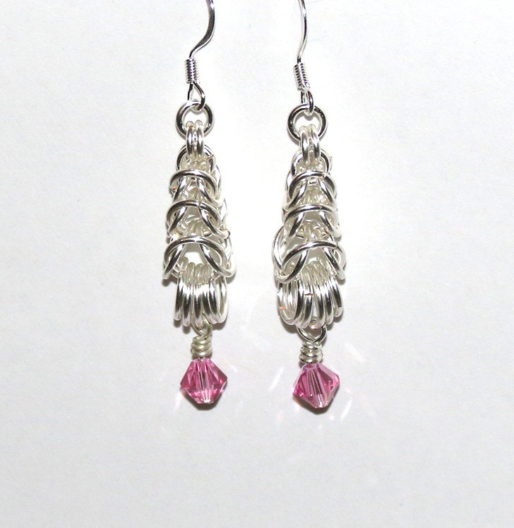 Earrings Pink Swarovski Dangle Silver Plate