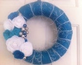 Handmade Yarn Holiday Wreath in Blue with Felt flowers-Hanukkah Wreath-12 in Wreath
